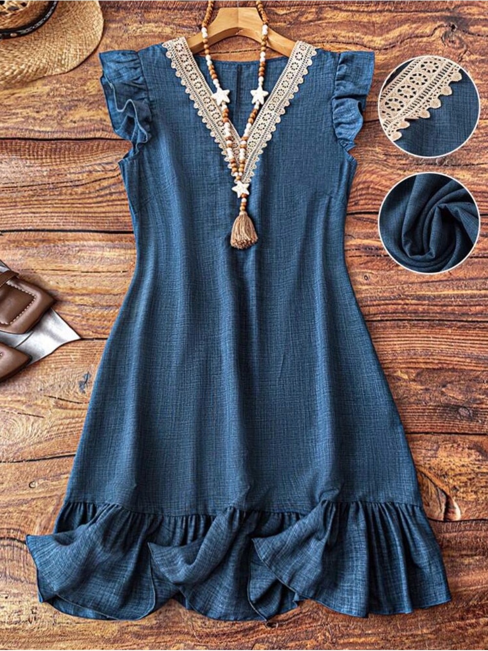 Women’s Blue Ruffle Hem V-Neck Dress with Lace Trim